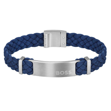 Ανδρικό βραχιόλι Boss 1580609 δερμάτινο μπλε με ασημί κούμπωμα.